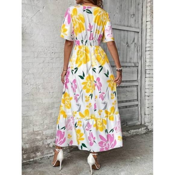 New Women's French Floral Printed Ruffled Short Sleeve Round Neck Dress Max - Picture 2 of 6